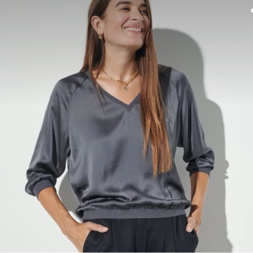 The Reset R Label Raglan V-Neck  Charcoal Gray Satin Pullover Blouse Sz L